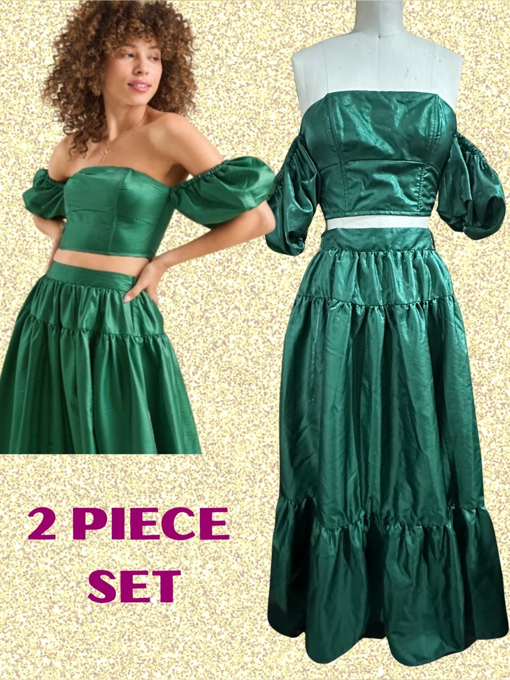 Altard State Tory Emerald Off-Shoulder Top Two-Piece Maxi Skirt Set Size Medium